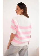 Dámský pruhovaný svetr s límcem a krátkým rukávem ecru