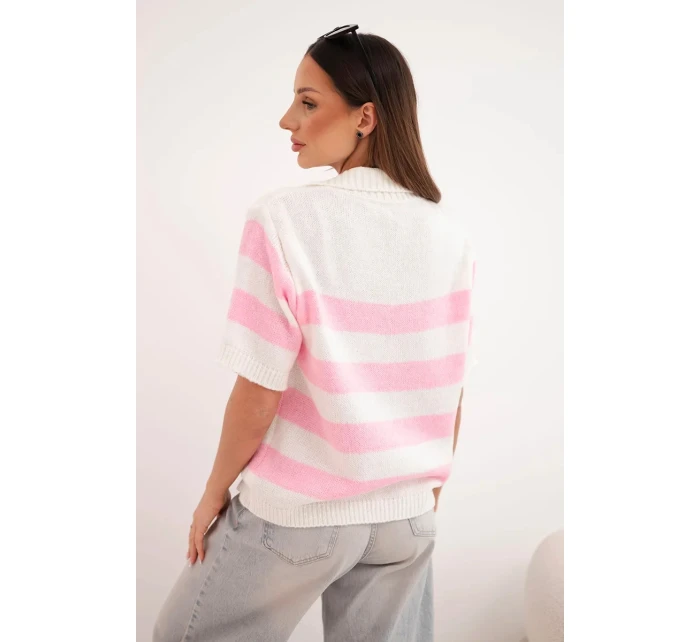 Dámský pruhovaný svetr s límcem a krátkým rukávem ecru