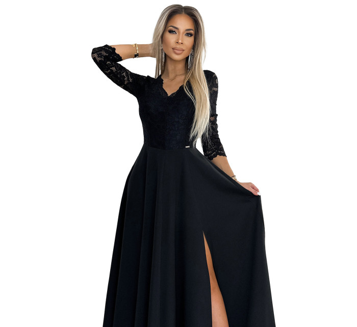 AMBER - Černé elegantní krajkové dámské dlouhé šaty s výstřihem a rozparkem na noze 309-11