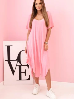 Dámské viskózové šaty s krátkým rukávem a rozšířeným lemem světle růžová