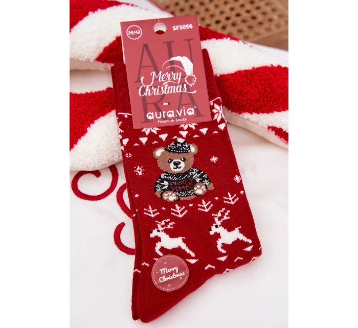 Pánské vánoční ponožky s medvídkem v svetru – červené Pánské vánoční ponožky s medvídkem v svetru – červené