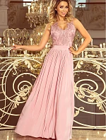 215-5 LEA dlouhé šaty bez rukávů s vyšívaným výstřihem - TAUPE