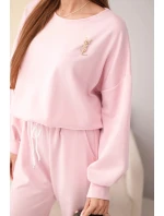 Dámský komplet máslová mikina s broží a kalhoty s model 21949312 nohavicí tmavě pudrově růžová - K-Fashion