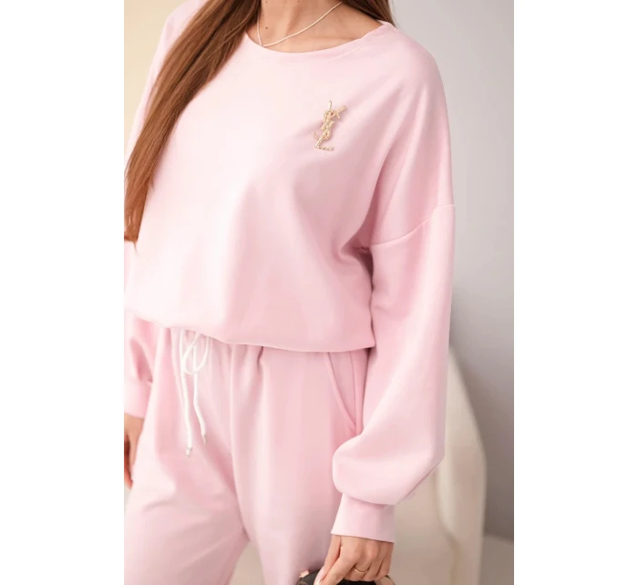 Dámský komplet máslová mikina s broží a kalhoty s model 21949312 nohavicí tmavě pudrově růžová - K-Fashion