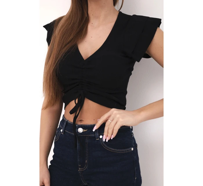 Dámská žebrovaná proužkovaná halenka na ramínkách s volánkem černá