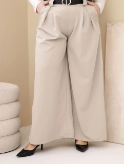 Dámské kalhoty Plus Size viskózové s širokou nohavicí a páskem béžové