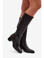 Kožené zateplené dámské kozačky na podpatku model 21728436 Černé - Maciejka