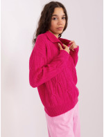 Fuchsiový svetr s kabely a límečkem