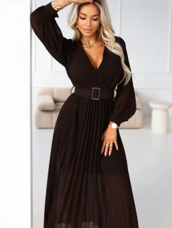 414-11 KLARA plisované elegantní midi šaty s páskem a výstřihem - čokoládové