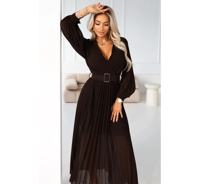 414-11 KLARA plisované elegantní midi šaty s páskem a výstřihem - čokoládové