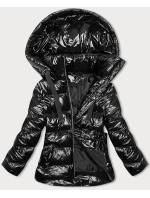 Lesklá černá dámská bunda s kapucí (5M3172-392)