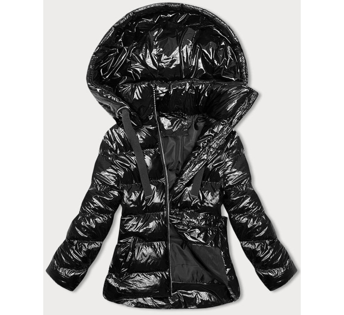 Lesklá černá dámská bunda s kapucí (5M3172-392)