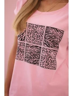 Dámská bavlněná blůza s ozdobným potiskem světle růžová