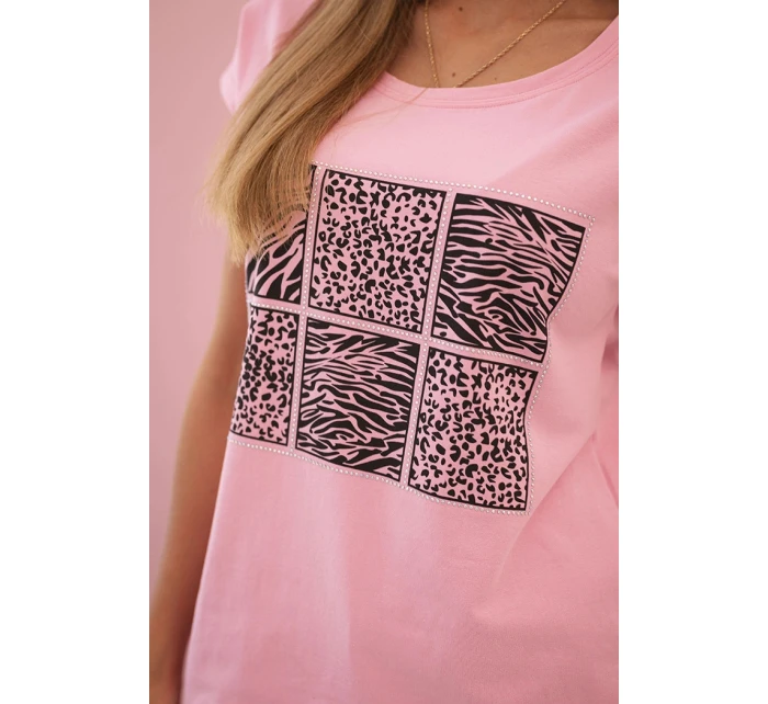 Dámská bavlněná blůza s ozdobným potiskem světle růžová