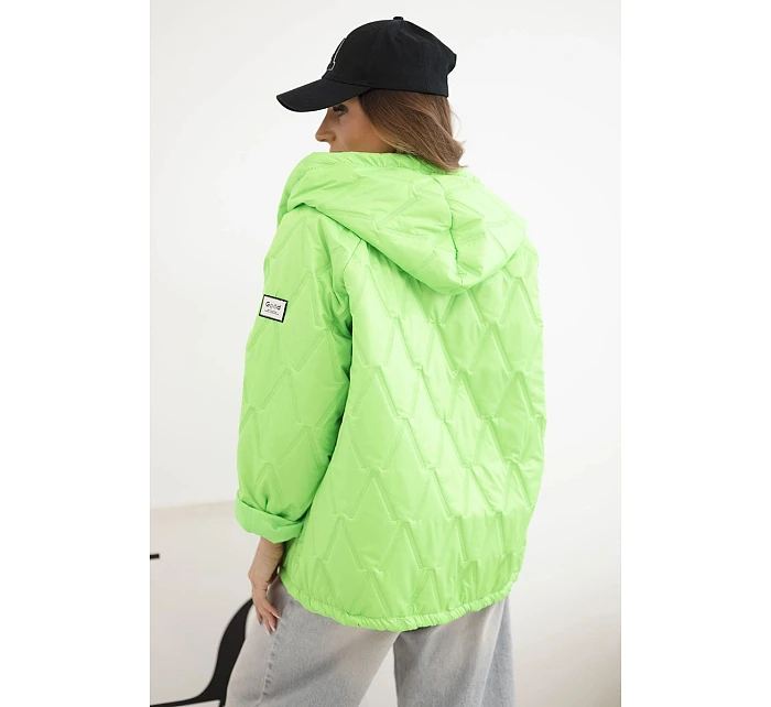 Dámská jarní prošívaná bunda s kapucí a zipem zelený neon