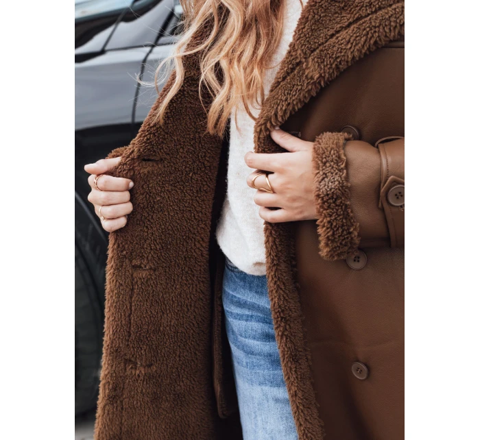 Dámský zimní kabát dlouhý hnědý kožený Dstreet model 21990801 - FashionStreet