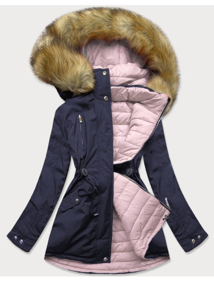 Tmavě modro-růžová oboustranná dámská zimní bunda s kapucí (W213BIG)