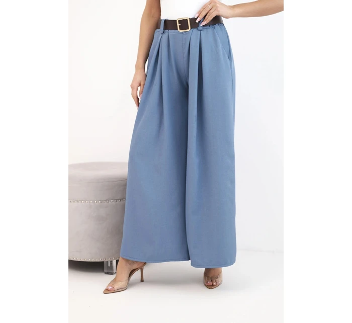 Dámské kalhoty s širokou nohavicí a páskem jeansové modré