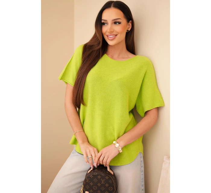 Dámský svetr s krátkým rukávem volného střihu pistáciový