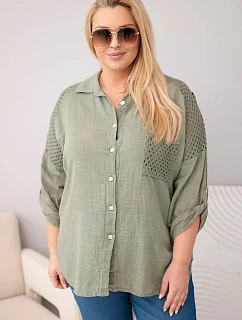 Dámská viskózová košile Plus Size s límečkem a model 22043130 vsadkou khaki - K-Fashion