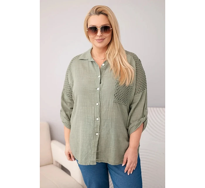 Dámská viskózová košile Plus Size s límečkem a model 22043130 vsadkou khaki - K-Fashion