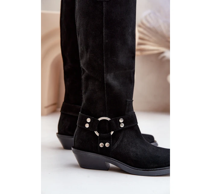 Semišové Kozačky Kovbojky Na Nízkém Podpatku S Dekorací model 21680168 Černé - Zazoo