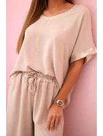 Viskózový komplet se zlatým lemováním tmavě béžová