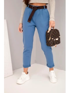 Dámské bavlněné kalhoty s páskem a ohrnutými nohavicemi jeansové