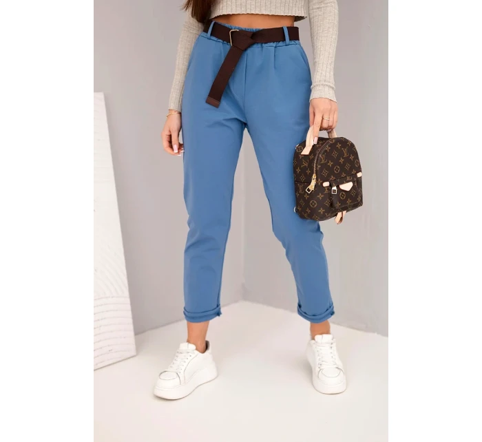 Dámské bavlněné kalhoty s páskem a ohrnutými nohavicemi jeansové