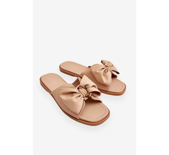 Dámské kožené pantofle s mašlí Béžové model 21616475 - EVENTO