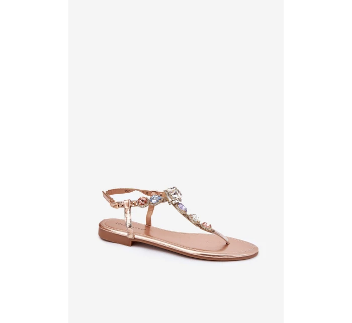 Dámské sandály na plochém podpatku s krystaly růžové zlato model 21699543 - Boto Dámské sandály na plochém podpatku s krystaly růžové zlato model 21699543 - Boto