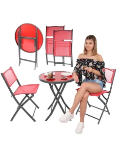 SADA BALKONOVÉHO NÁBYTKU KULATÝ STŮL A 2 SKLÁDACÍ ŽIDLE ČERVENÁ