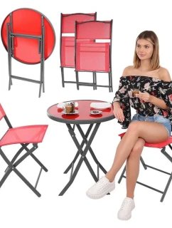 SADA BALKONOVÉHO NÁBYTKU KULATÝ STŮL A 2 SKLÁDACÍ ŽIDLE ČERVENÁ