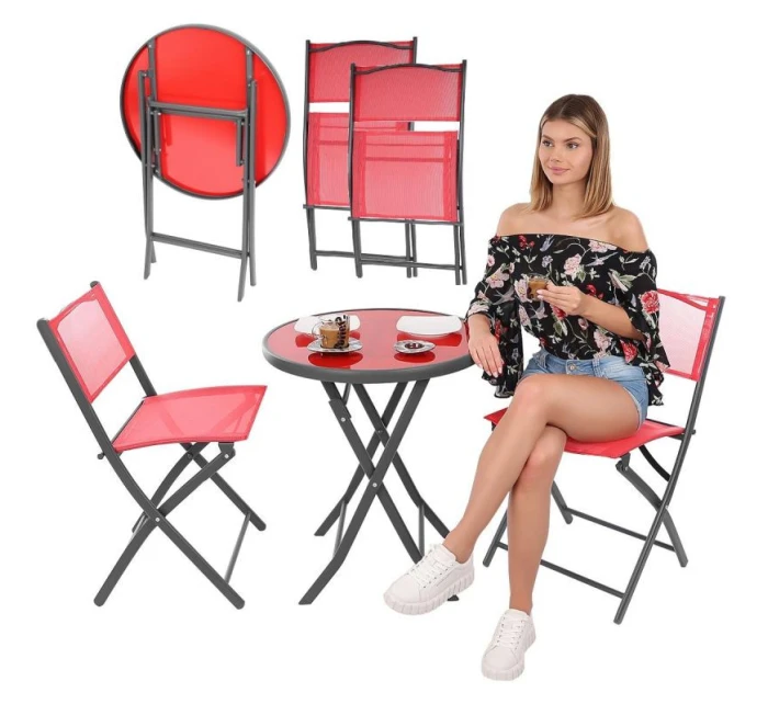 SADA BALKONOVÉHO NÁBYTKU KULATÝ STŮL A 2 SKLÁDACÍ ŽIDLE ČERVENÁ