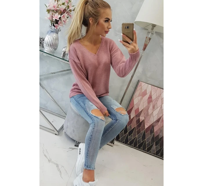 Svetr s výstřihem do V tmavě růžový
