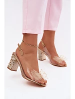 Sandály na podpatku s krystaly síťová mašle D&A MR61-9010 Zlaté