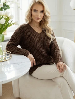 661-2 Teplý svetr oversize s fleecovou vazbou a výstřihem do V - čokoládový