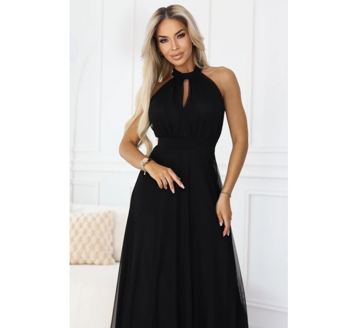 Elegantní maxi večerní šaty na ramínka s a zavazováním v pase černé model 21961746 - numoco basic