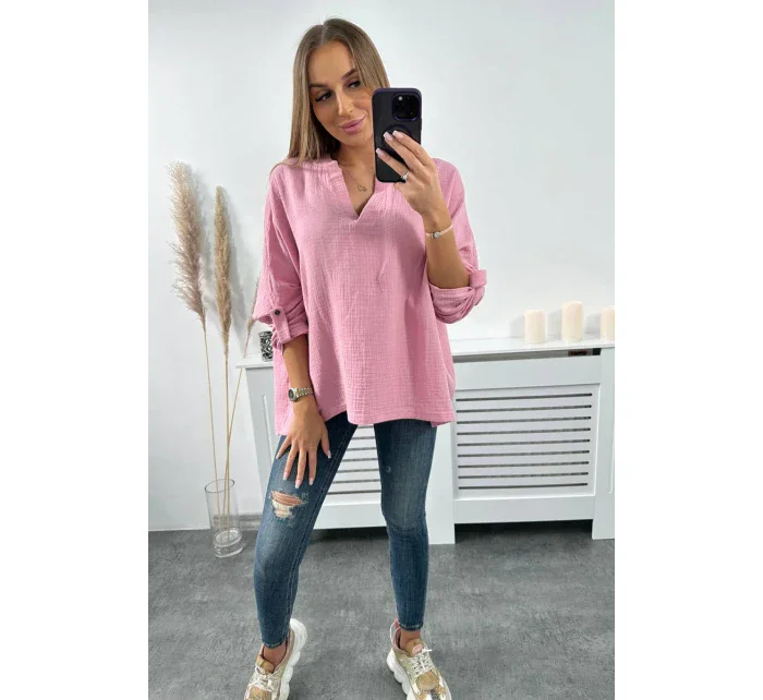 Mušelínová halenka s ohrnutými rukávy světle růžová Mušelínová halenka s ohrnutými rukávy světle růžová