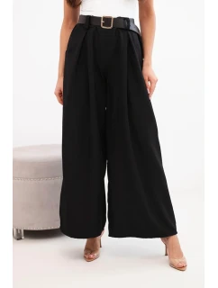 Dámské kalhoty s širokým střihem a páskem černé