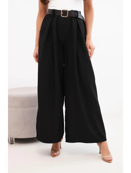 Dámské kalhoty s širokým střihem a páskem černé