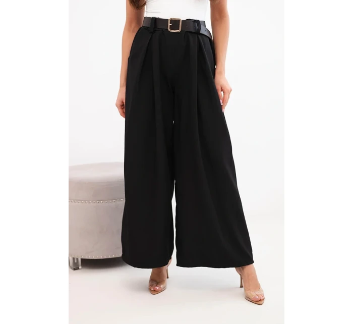 Dámské kalhoty s širokým střihem a páskem černé
