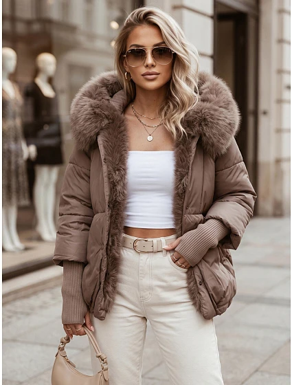 Kurtka damska zimowa z futerkiem i kapturem taupe model 22404800 - FashionStreet