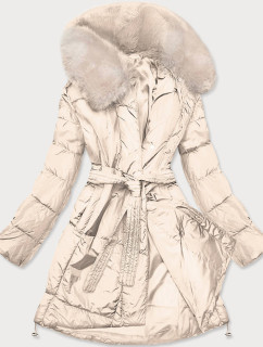 Béžový dámský zimní kabát s kožešinou (008)