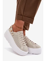 Kožené síťované dámské tenisky na platformě s páskem na podpatku D&A LR61-7088 béžové