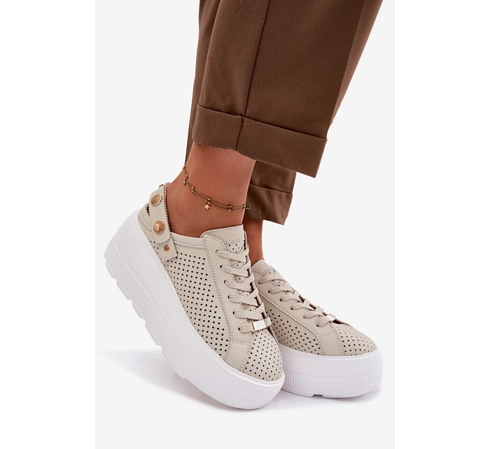 Kožené síťované dámské tenisky na platformě s páskem na podpatku D&A LR61-7088 béžové