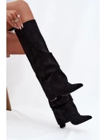 Dámské zateplené kozačky s vyhrnutou špičkou na sloupkovém podpatku Elivira – černé Dámské zateplené kozačky s vyhrnutou špičkou na sloupkovém podpatku Elivira – černé