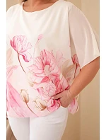 Dámská halenka Plus Size s květinovým potiskem a volným rukávem růžová