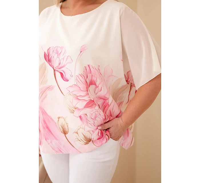 Dámská halenka Plus Size s květinovým potiskem a volným rukávem růžová