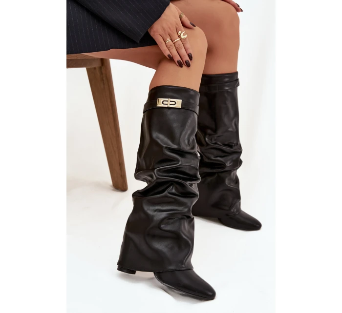 Dámské Kozačky Na Podpatku S  A Zlatým Detalem Černé model 21744555 - Boto